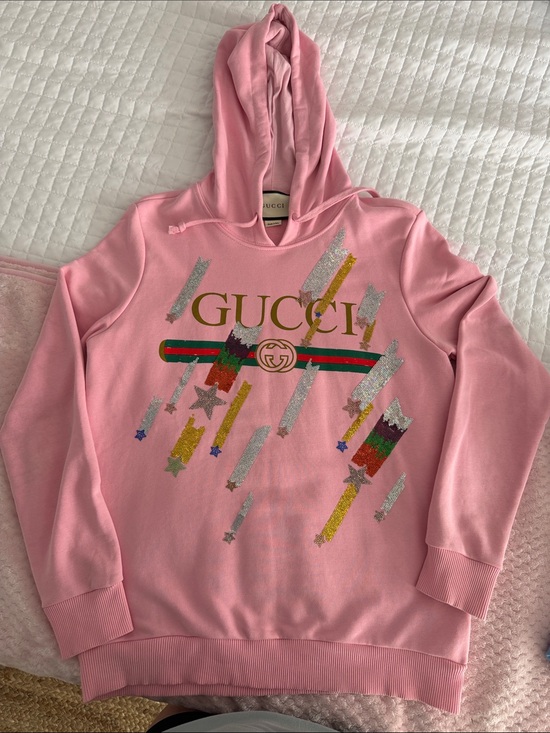 Sweaters - Gucci Pink Logo Graphic Hoodie with Multicolor Stripe Accents